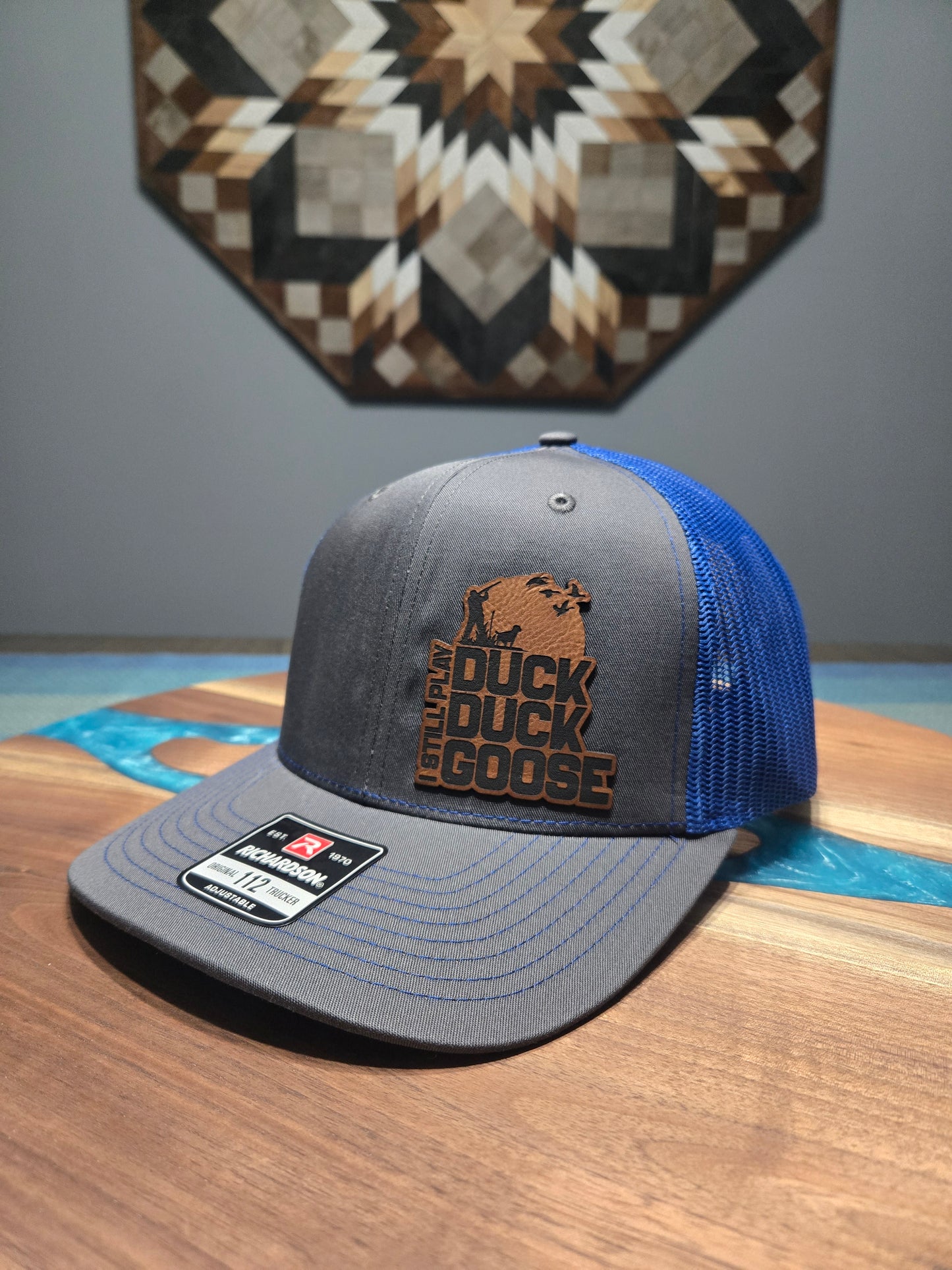Blue and gray duck hunting hat