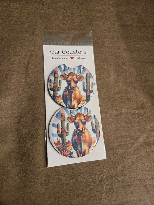 Handmade Car Coasters – Western Cow & Cactus Design