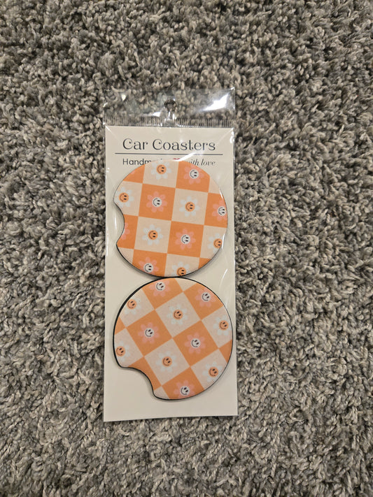 Smiley Face Car Coasters – Cute Daisy Design Set