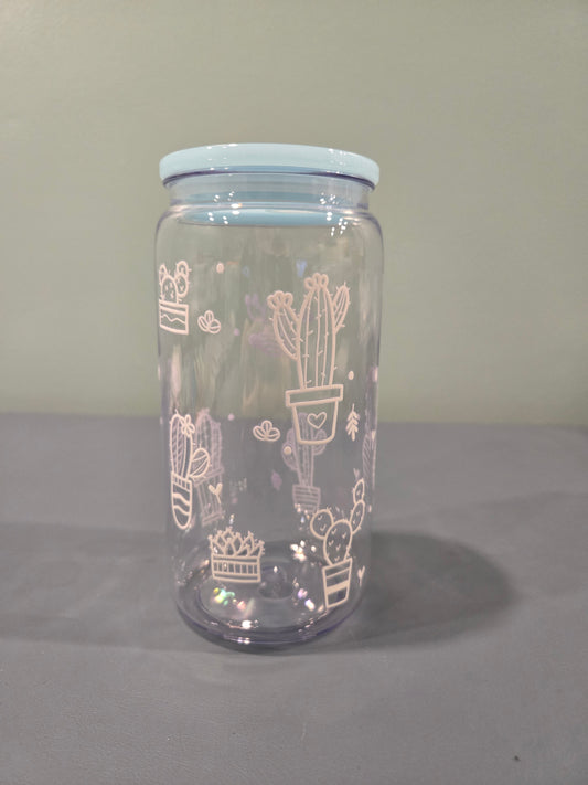 Clear Cactus cup with blue lid