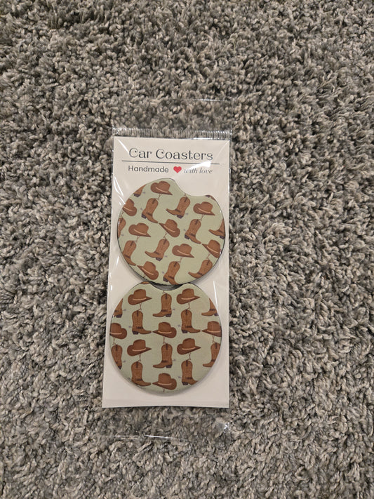 Western Car Coasters – Cowboy Boots & Hats Design