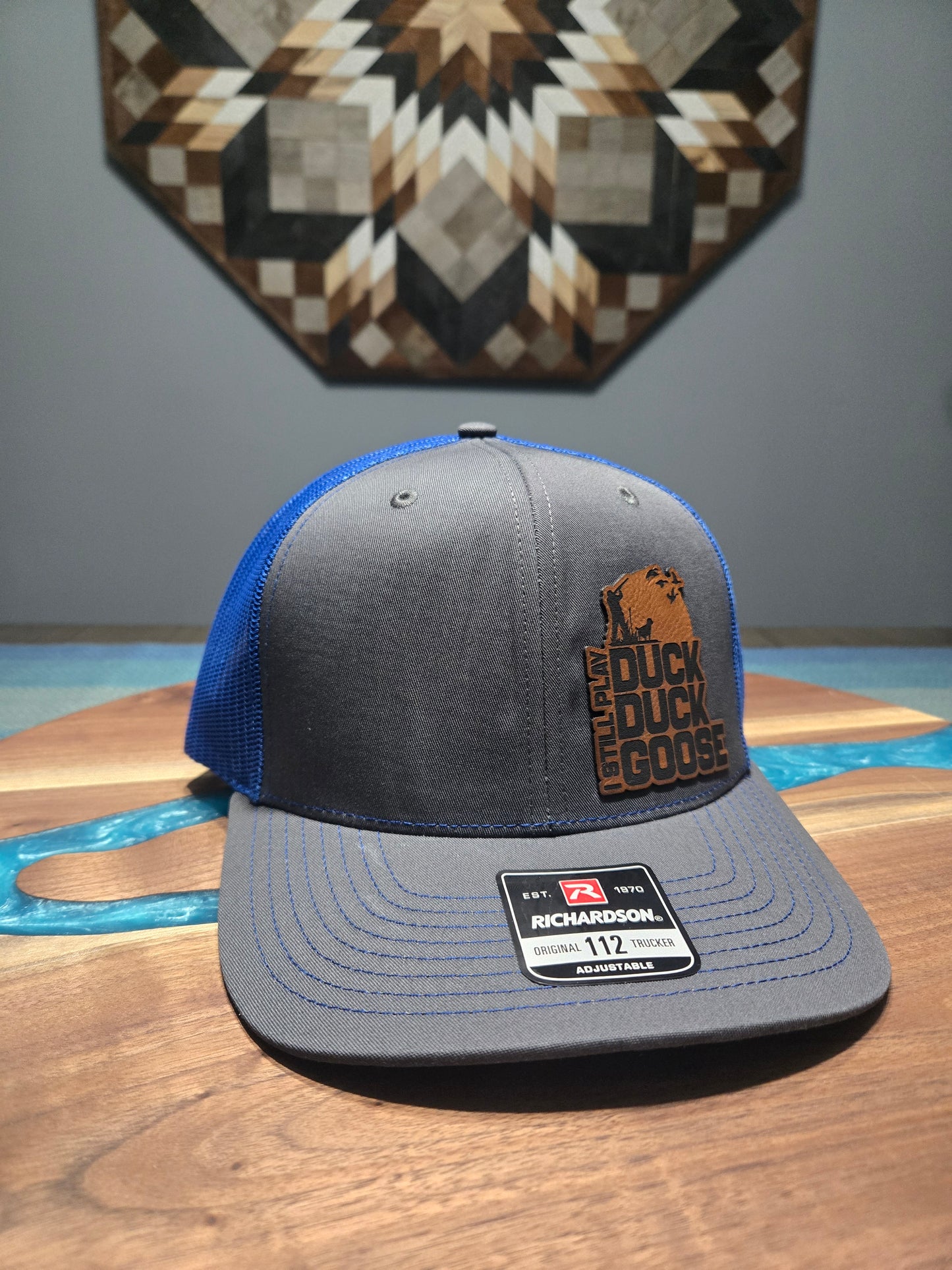 Blue and gray duck hunting hat